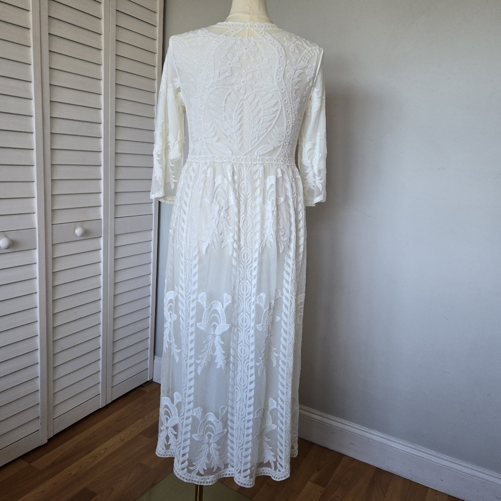 Tea n Rose White Crochet Overlay Maxi Dress Women's S/M Bridal Photoshoot Boho - Picture 8 of 15